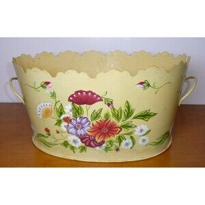 Vintage French Hand Painted Flowers on Yellow Tole Metal Cache Pot Planter Oval
